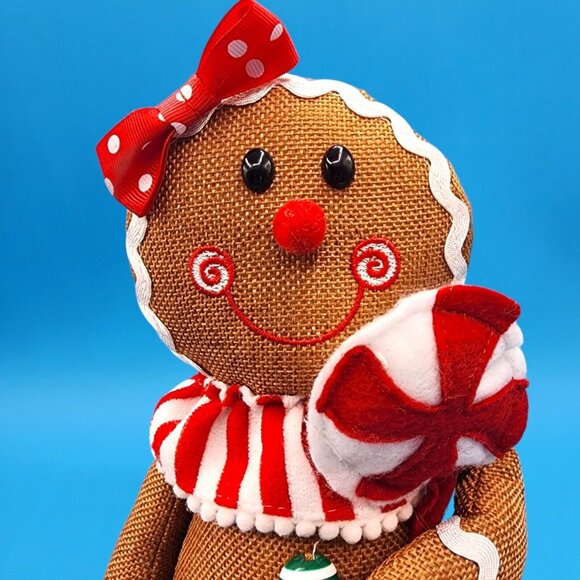 Gingerbread Girl Plush Shelf Sitter Doll Peppermint & Polka Dot Bow Holiday Deco - Picture 4 of 8